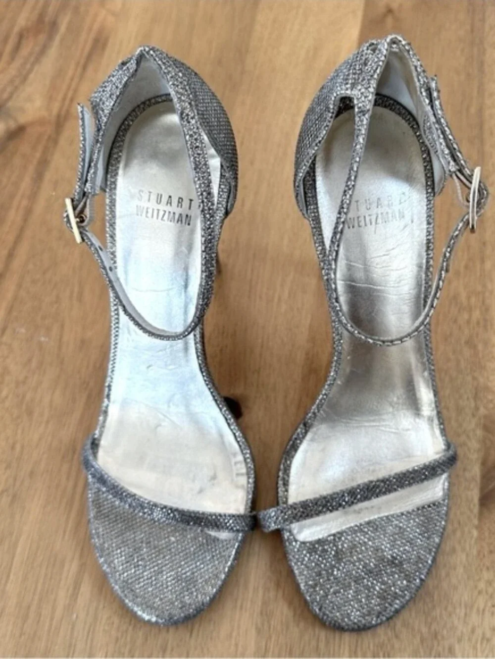 Stuart Weitzman Nudist Ankle Strap Heels Sandal in Platinum Noir, Size 9